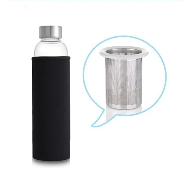 Hochtemperaturbeständige Glas-Sport-Wasserflasche mit Tee-Infuser + Schutzbeutel-Wasserflasche