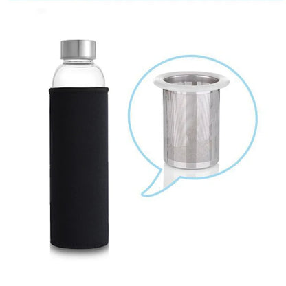 Hochtemperaturbeständige Glas-Sport-Wasserflasche mit Tee-Infuser + Schutzbeutel-Wasserflasche
