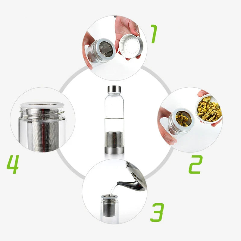 Hochtemperaturbeständige Glas-Sport-Wasserflasche mit Tee-Infuser + Schutzbeutel-Wasserflasche