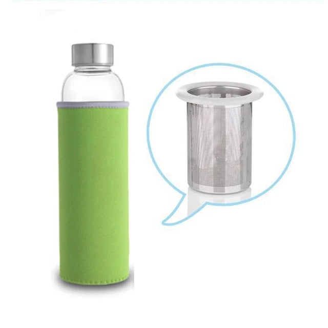 Hochtemperaturbeständige Glas-Sport-Wasserflasche mit Tee-Infuser + Schutzbeutel-Wasserflasche