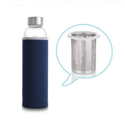 Hochtemperaturbeständige Glas-Sport-Wasserflasche mit Tee-Infuser + Schutzbeutel-Wasserflasche