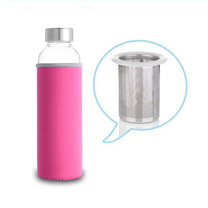 Hochtemperaturbeständige Glas-Sport-Wasserflasche mit Tee-Infuser + Schutzbeutel-Wasserflasche